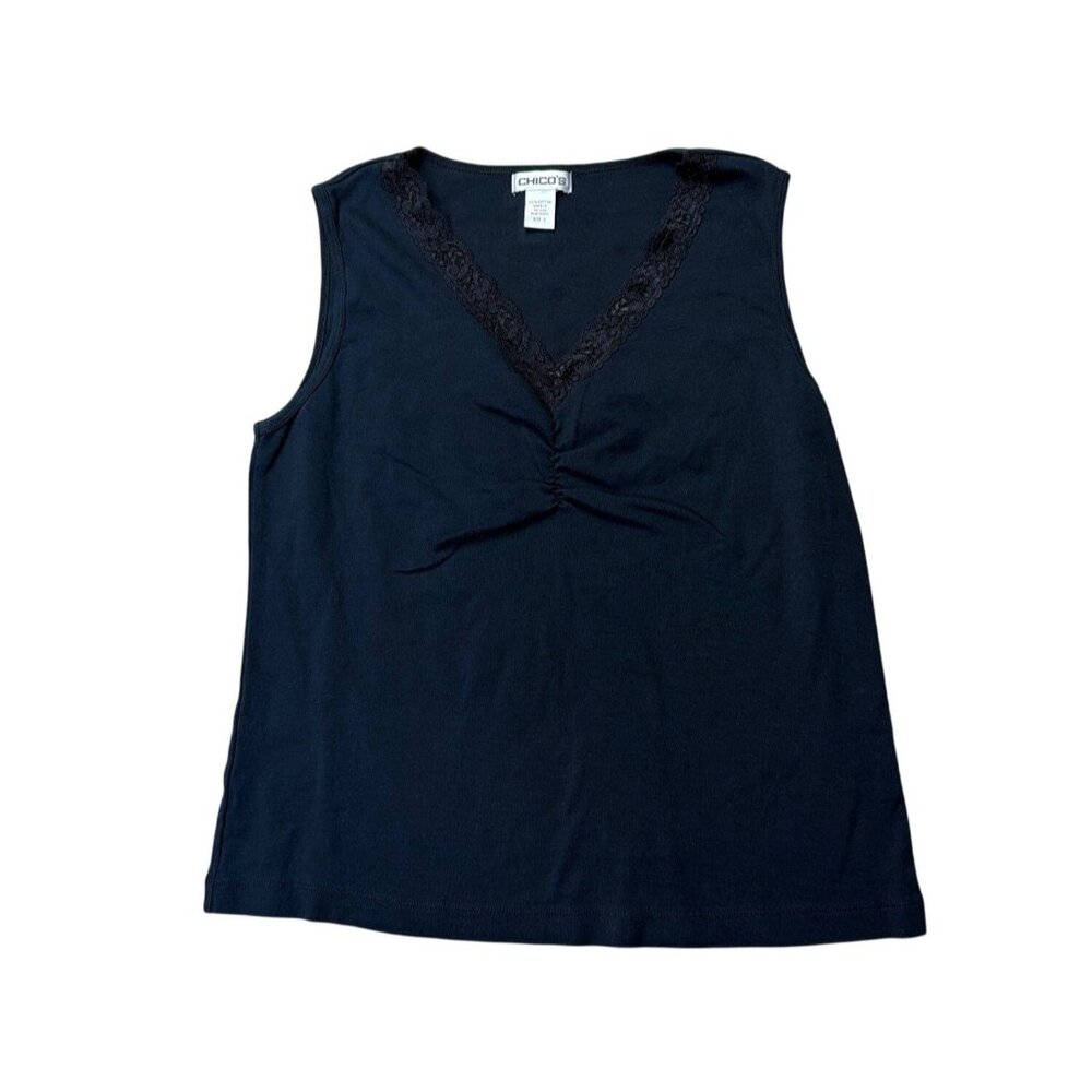 Chicos Black Sleeveless V-Neck Ruched Top With Lace Trim Size XL